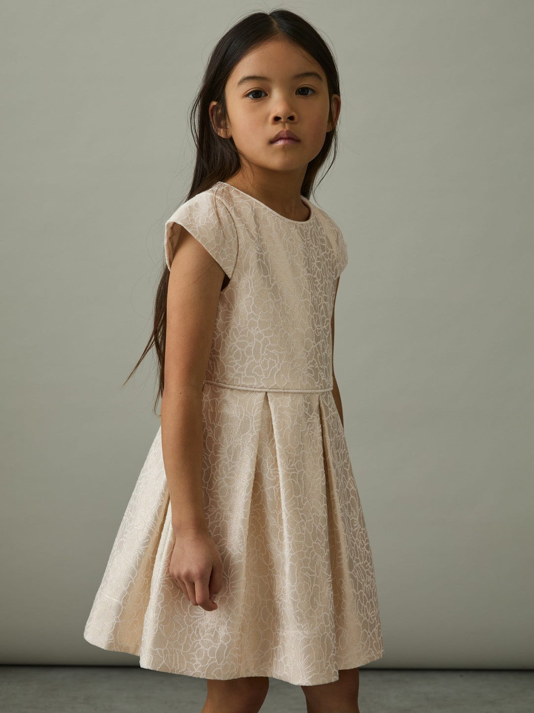 13-14 yrs Brocade Cap-Sleeve Pleated Dress Ivory | Children & Baby