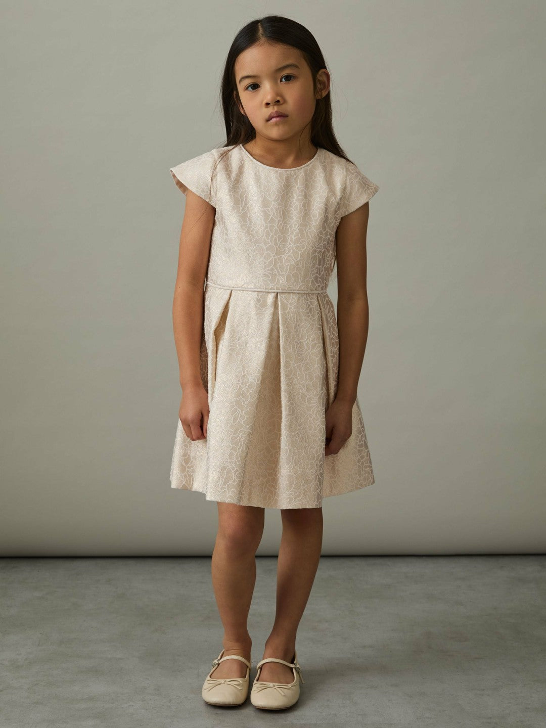13-14 yrs Brocade Cap-Sleeve Pleated Dress Ivory | Children & Baby