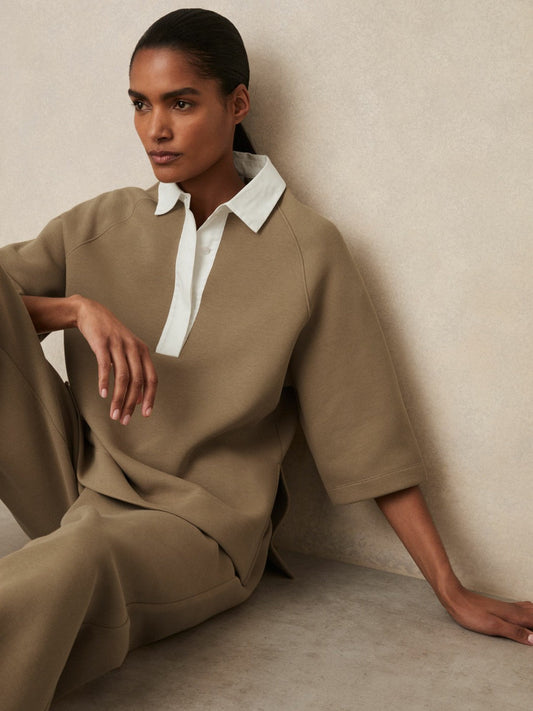 Cotton-Blend Interlock Collar Sweatshirt Camel | Women