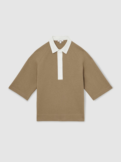 Cotton-Blend Interlock Collar Sweatshirt Camel | Women