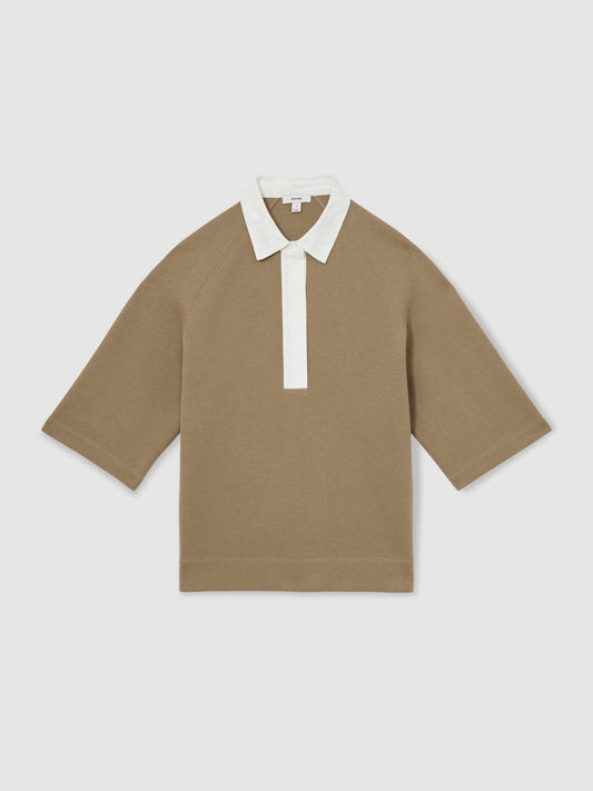 Cotton-Blend Interlock Collar Sweatshirt Camel | Women