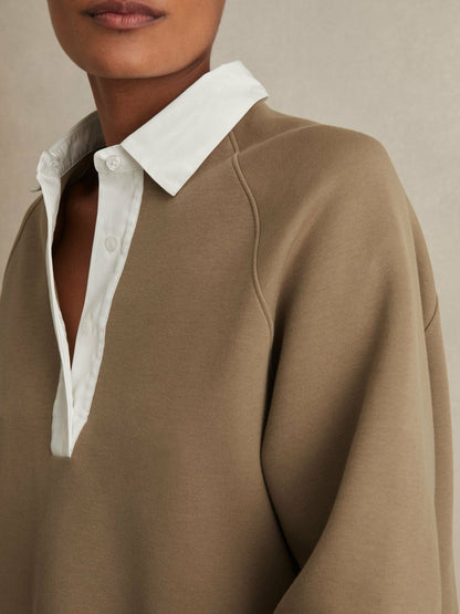 Cotton-Blend Interlock Collar Sweatshirt Camel | Women