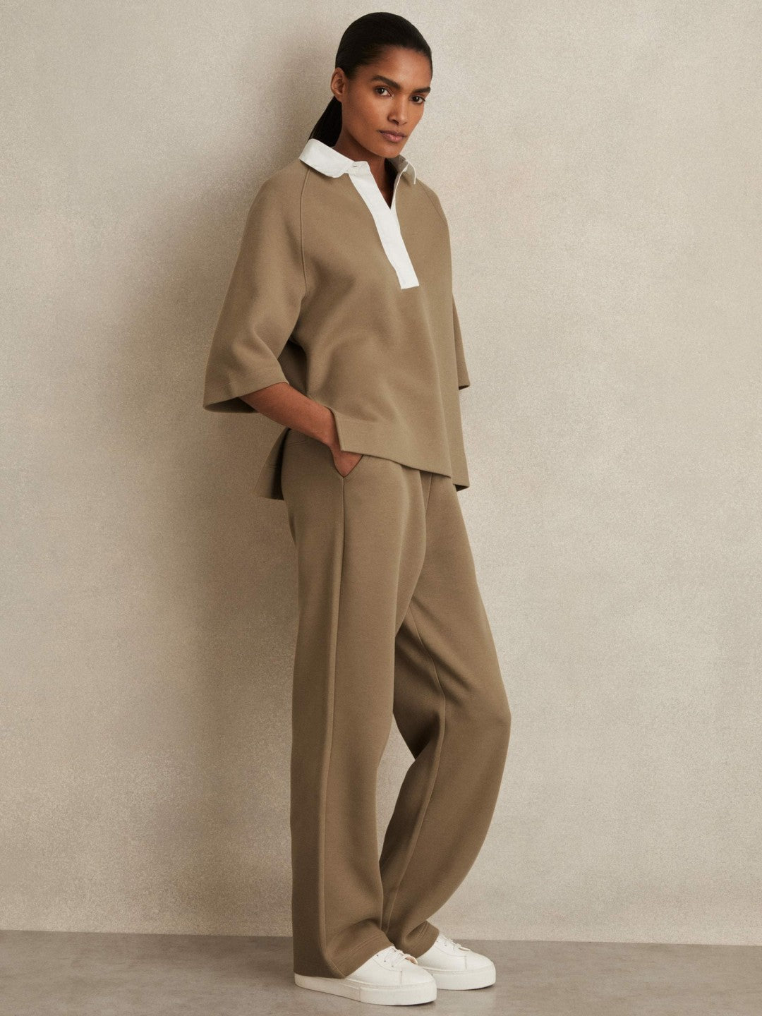 Cotton-Blend Interlock Collar Sweatshirt Camel | Women