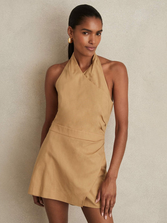 Lyocell Cotton Halter Skort Playsuit Camel | Women