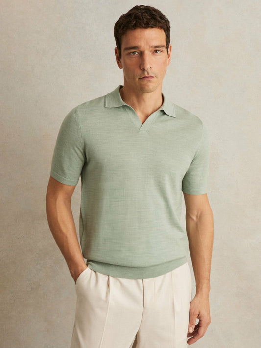 Merino Wool Open Collar Polo Shirt Sage Green Melange | Men