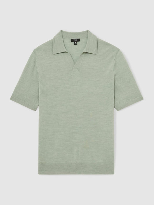 Merino Wool Open Collar Polo Shirt Sage Green Melange | Men