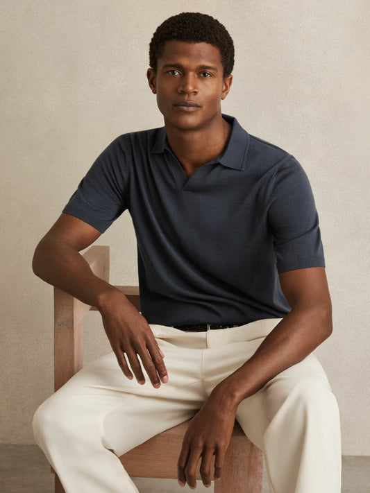 Merino Wool Open Collar Polo Shirt Midnight Navy | Men