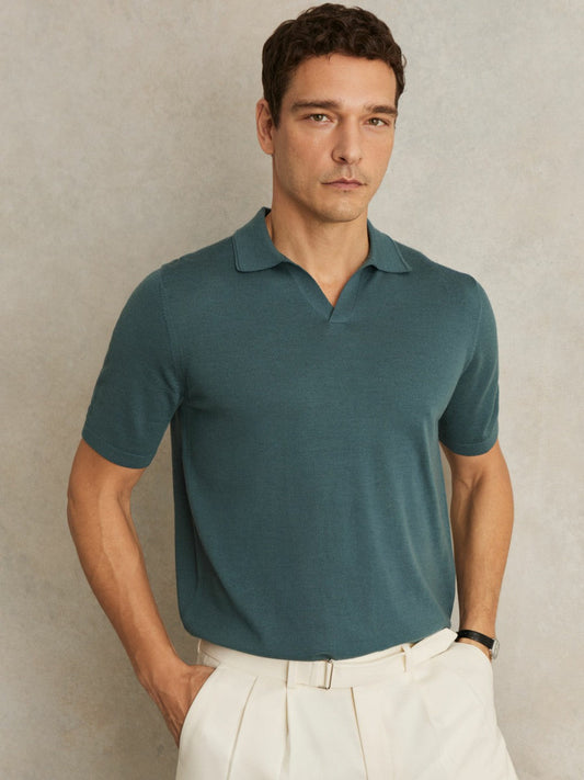 Merino Wool Open Collar Polo Shirt Orion Blue | Men