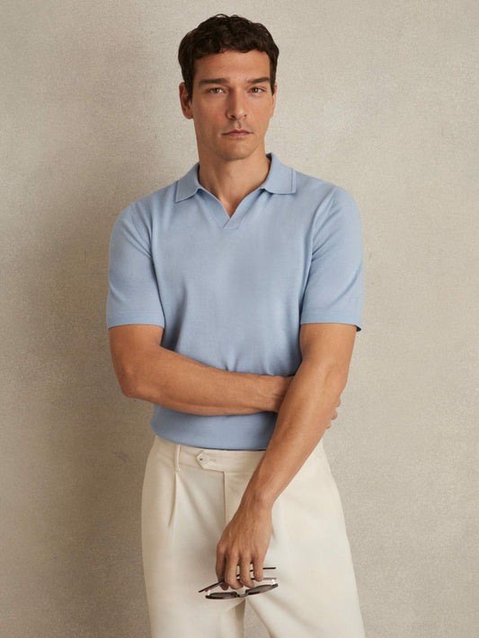 Merino Wool Open Collar Polo Shirt Soft Blue | Men