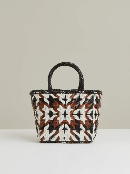 Small Leather Woven Tote Bag Tan/White/Black | Women