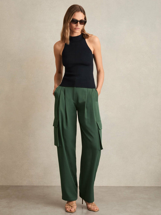 Wide-Leg Pleated Cargo Trousers Green | Women