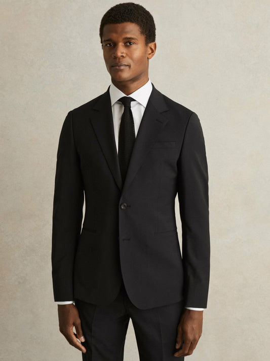 Wool-Blend Single-Breasted Suit Blazer Slim-Fit Black | Men