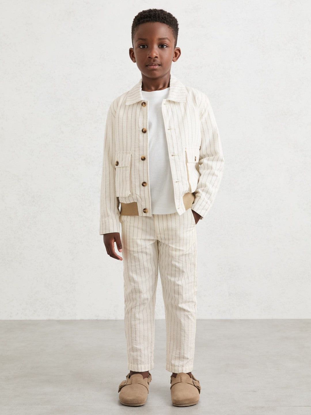 13-14 yrs Cotton Pinstripe Harrington Jacket Off White/Taupe Brown | Children & Baby