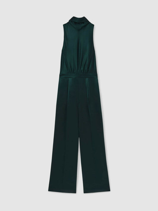 Satin Cape-Sash Jumpsuit Teal Green | Women