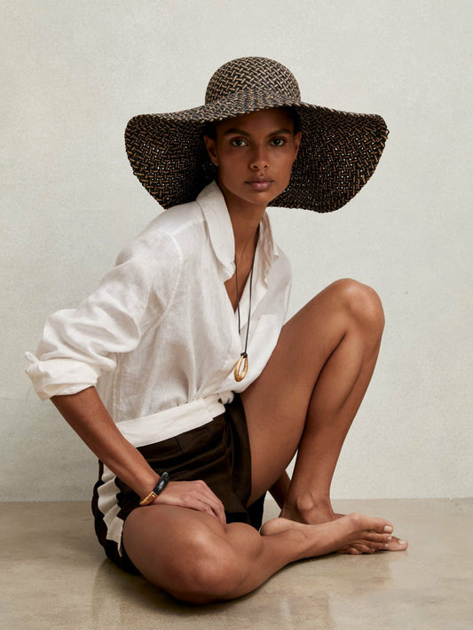 Straw Basket-Weave Sun Hat Black/Natural | Women