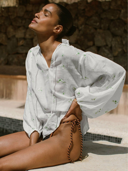 Floral-Embroidered Tie-Neck Blouse Ramie-Lyocell Ivory | Women