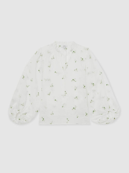 Floral-Embroidered Tie-Neck Blouse Ramie-Lyocell Ivory | Women