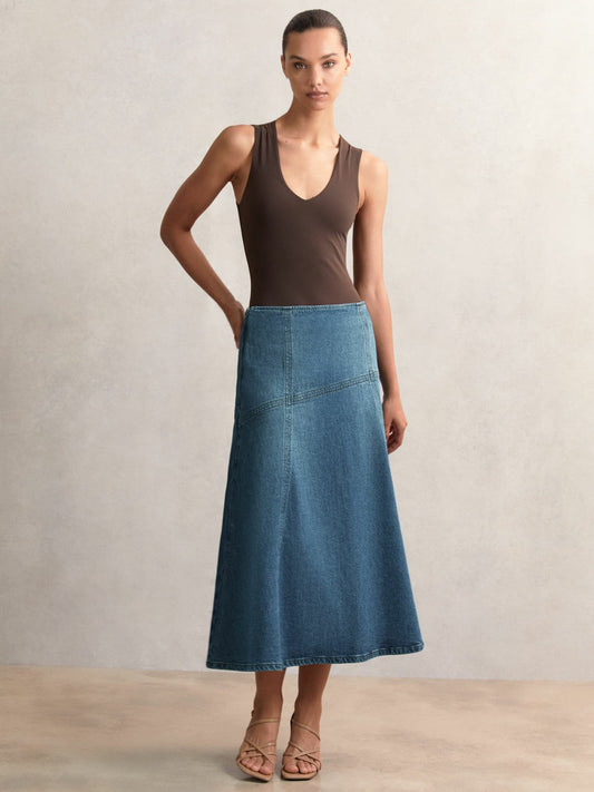 Denim Panelled Midi Skirt Indigo | Women