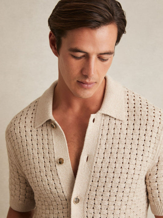 Basketweave Knit Button Through Cotton Blend Shirt Stone | Men