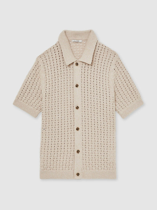 Basketweave Knit Button Through Cotton Blend Shirt Stone | Men