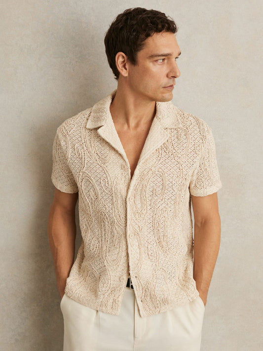 Cotton-Blend Embroidered Crochet Shirt Oatmeal | Men