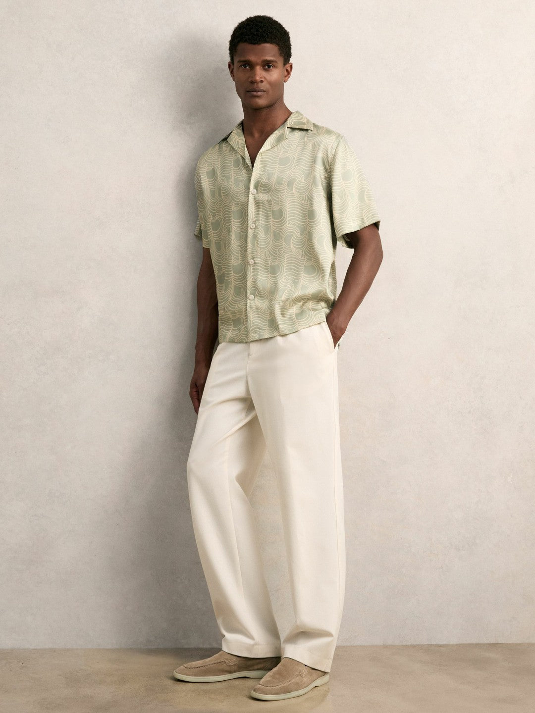 Wave Print Cuban Collar Shirt Sage Green | Men