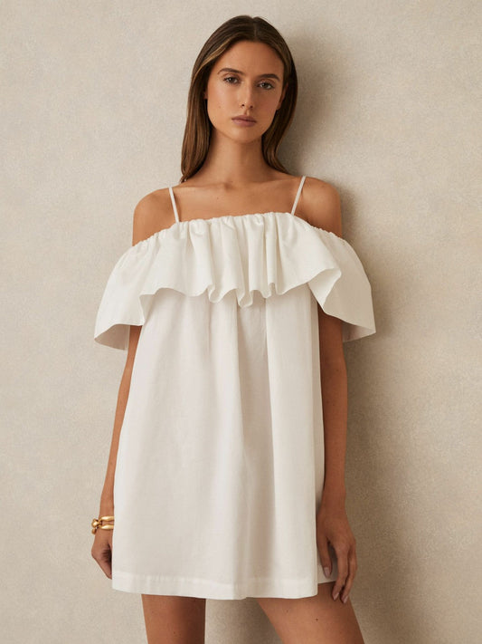 Cotton Off Shoulder Mini Dress Ivory Cream | Women