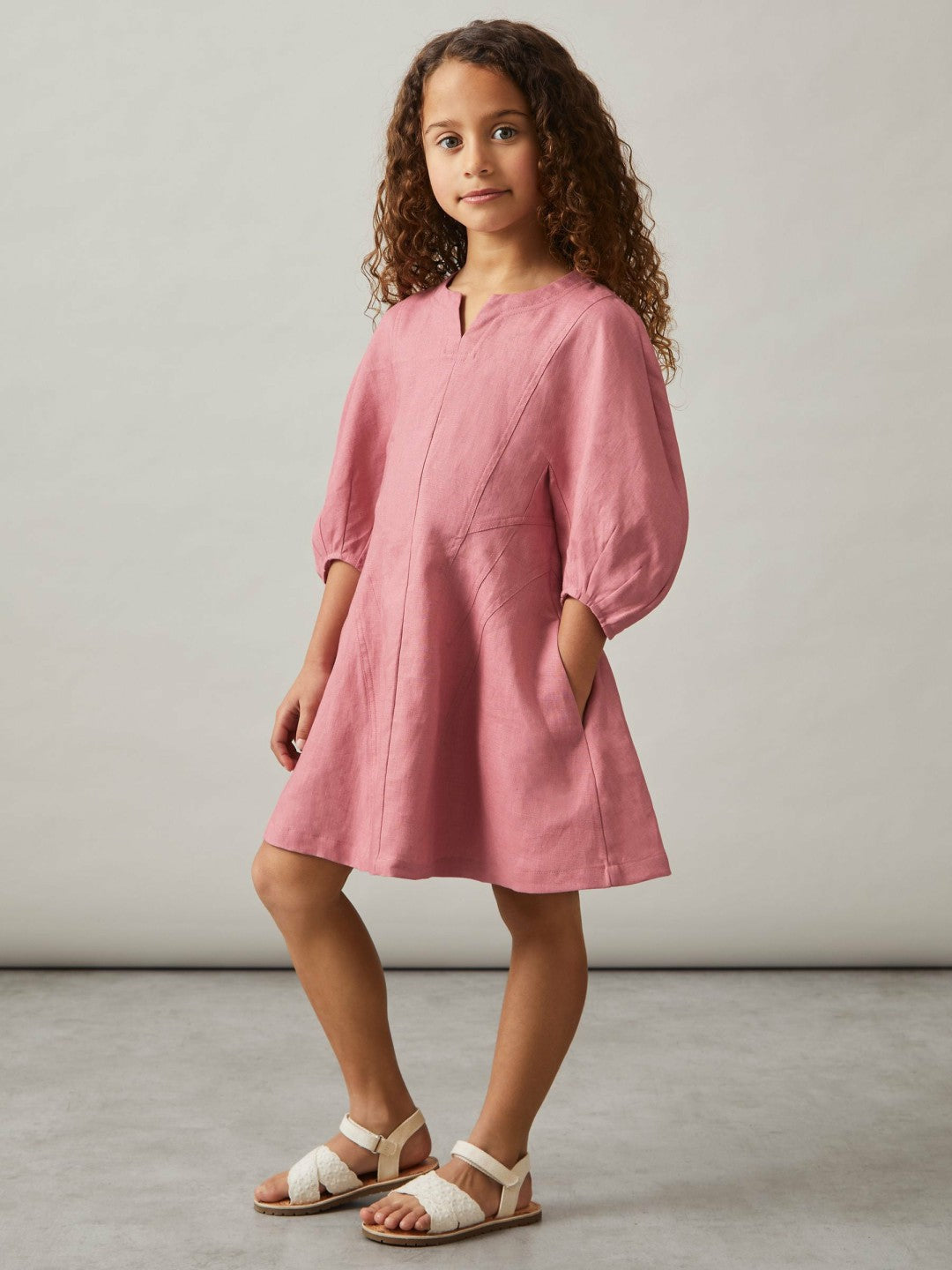 13-14 yrs Linen Balloon-Sleeve Dress Pink | Children & Baby