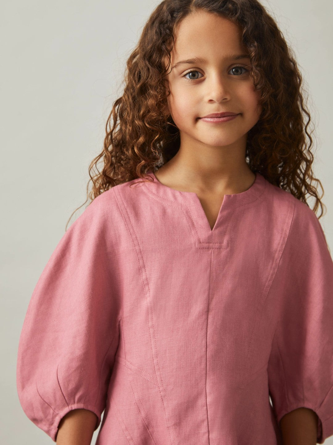 13-14 yrs Linen Balloon-Sleeve Dress Pink | Children & Baby