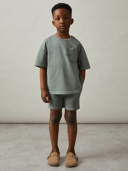 9-13 yrs Cotton Brand-Embroidered Shorts Washed Sage | Children & Baby