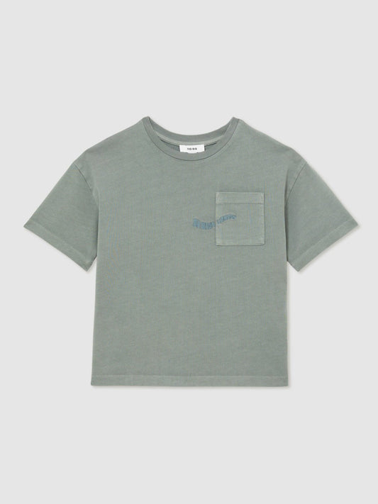 13-14 yrs Cotton Palm-Embroidery Oversize T-Shirt Washed Sage | Children & Baby