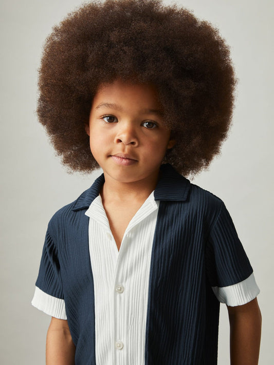 9-13 yrs Plissé Colour-Block Shirt Navy/White | Children & Baby