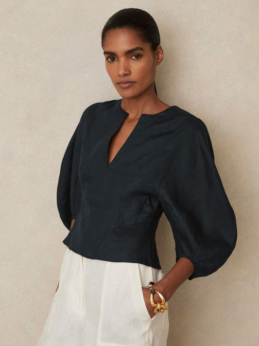 Linen Balloon-Sleeve Top Navy | Women