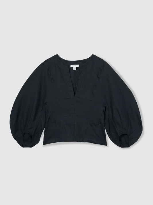 Linen Balloon-Sleeve Top Navy | Women