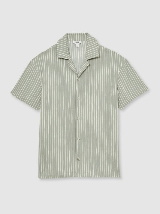 Textured Stripe Cuban Collar Shirt Sage/White | Men