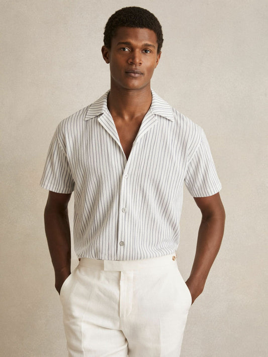 Textured Stripe Cuban Collar Shirt White/Soft Blue | Men