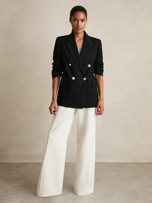 Oversized Double-Breasted Blazer Linen-Blend Black | Women