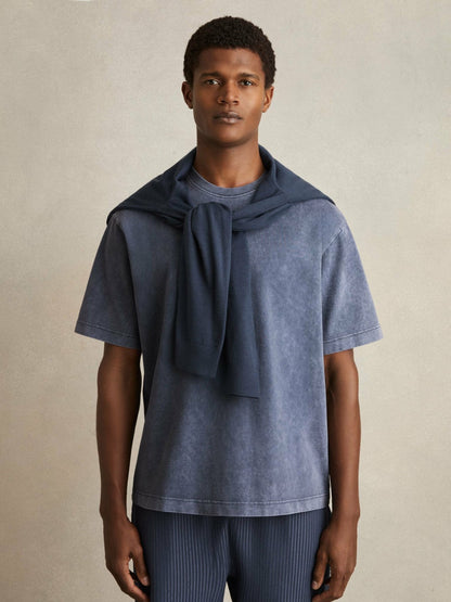 Cotton Garment-Dyed Oversize T-Shirt Indigo Blue | Men