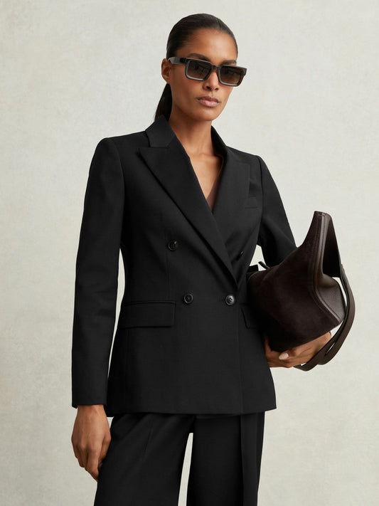Wool Blend Double Breasted Suit Blazer Black | Women