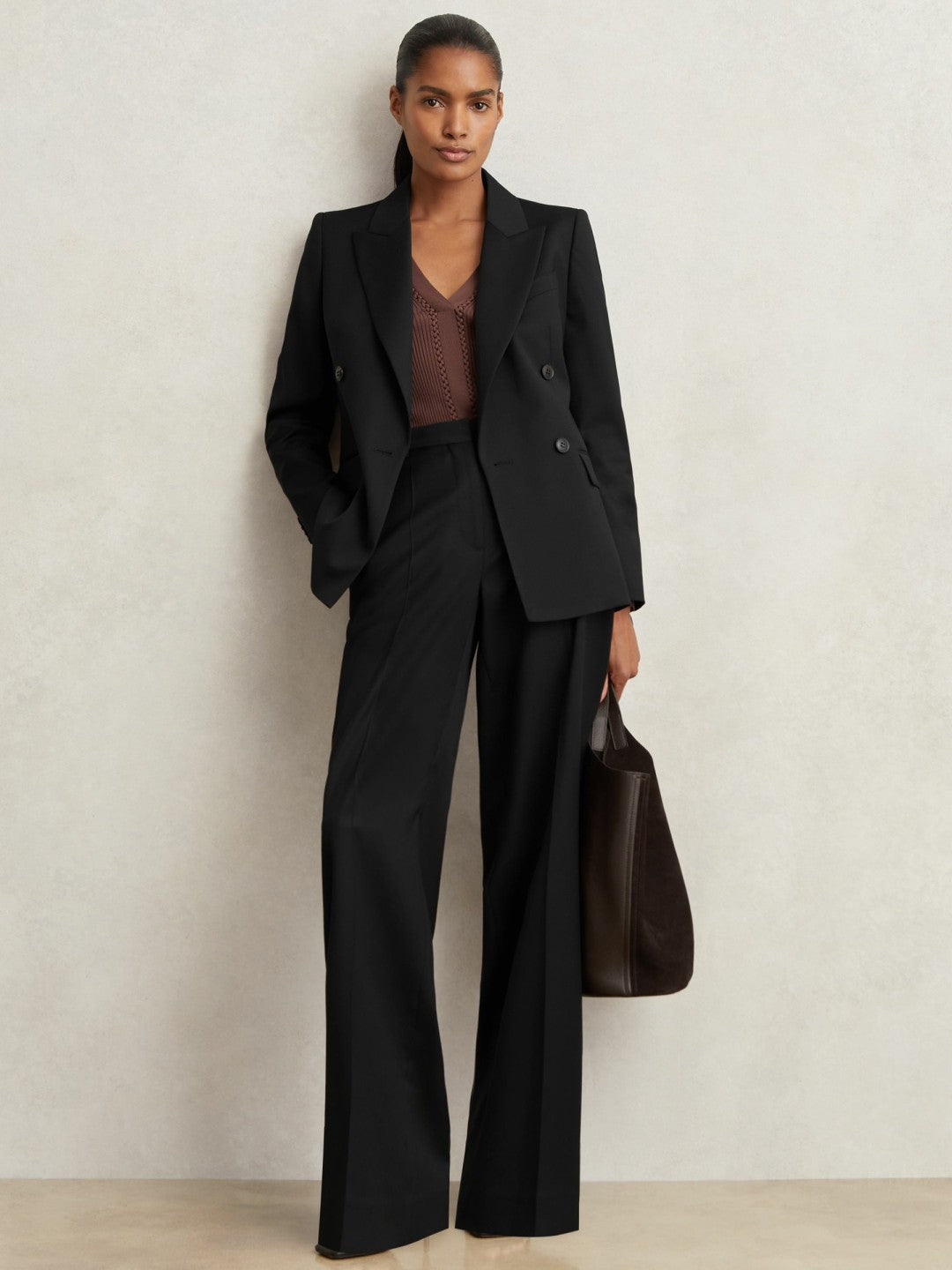 Wool Blend Double Breasted Suit Blazer Black | Women