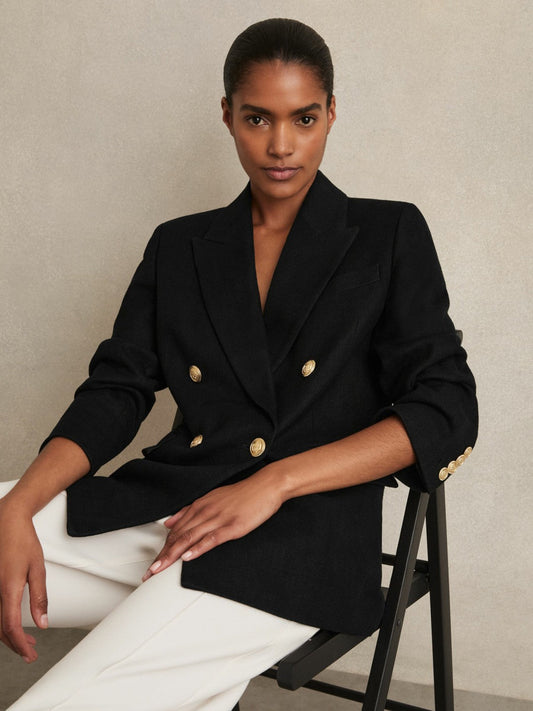 Petite Oversized Double-Breasted Blazer Linen-Blend Black | Women