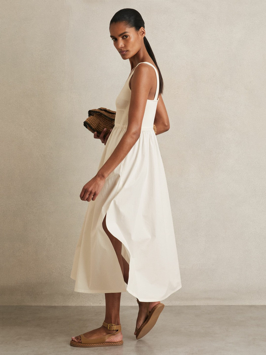 Perforated-Knit Cotton-Skirt Midi Dress Ivory | Women