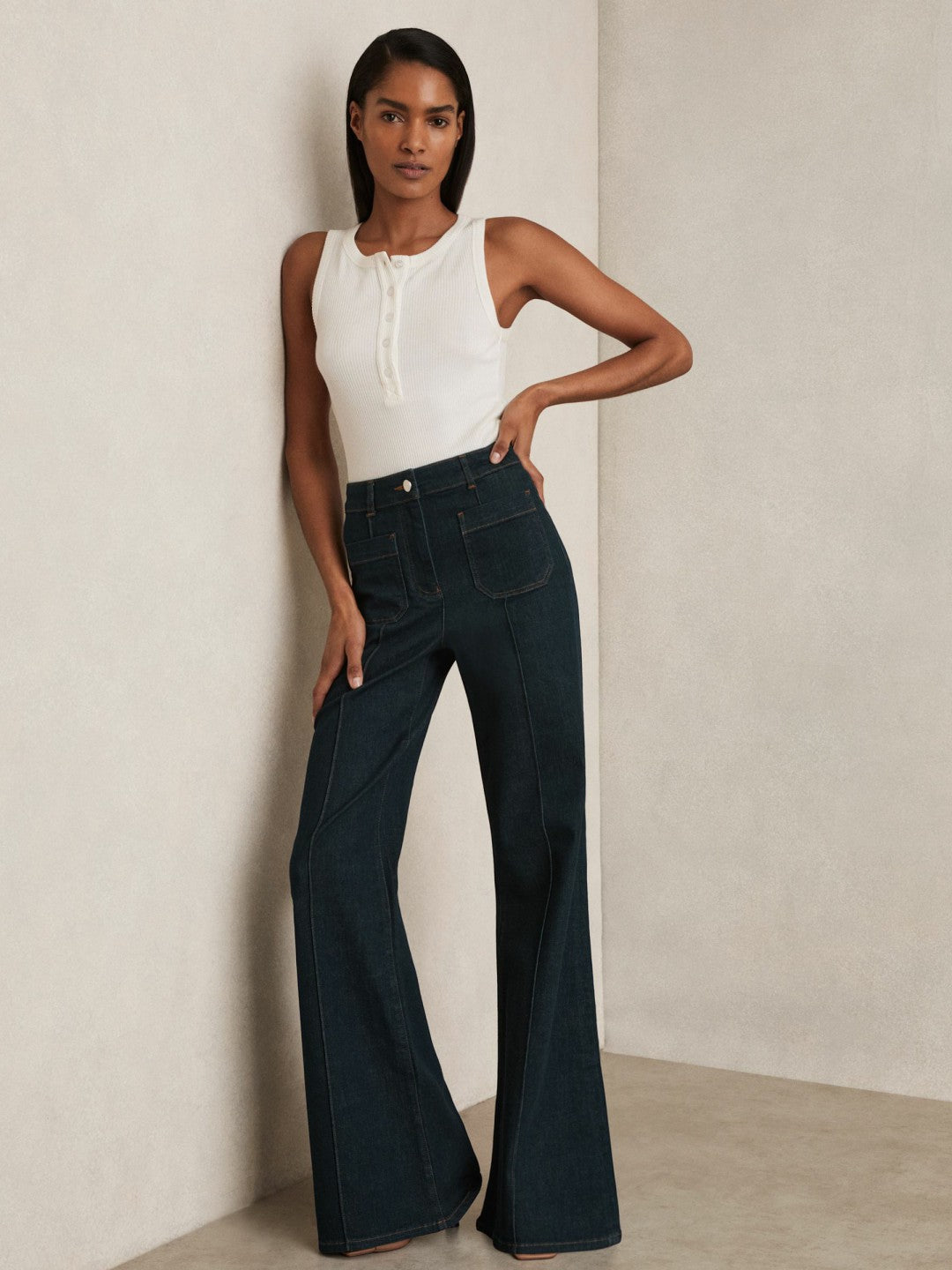 Petite Patch-Pocket Flared Jeans Dark Blue | Women