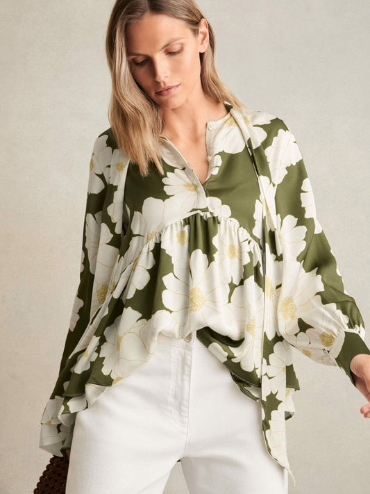 Floral Tie-Neck Swing Blouse Ivory/Green | Women