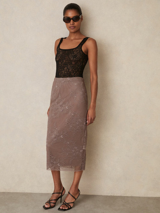 Lace Pencil Skirt Taupe Brown | Women