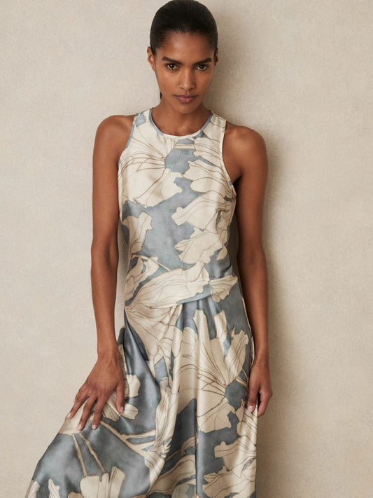 Satin Floral Drape Midi Dress Blue | Women