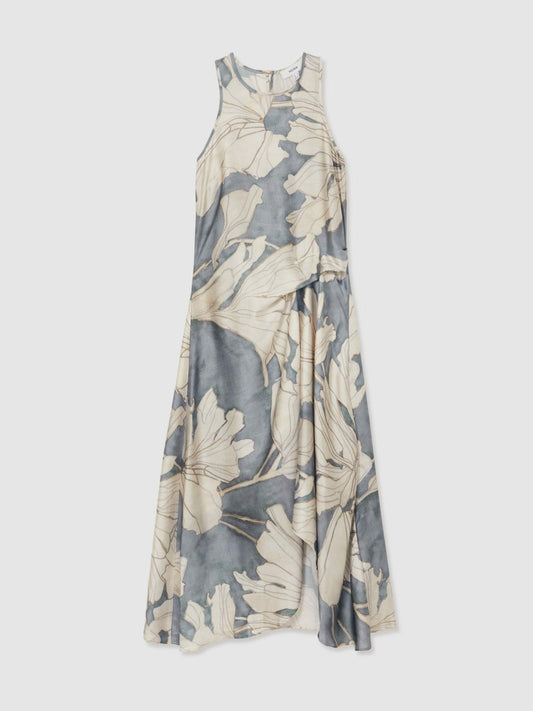 Satin Floral Drape Midi Dress Blue | Women