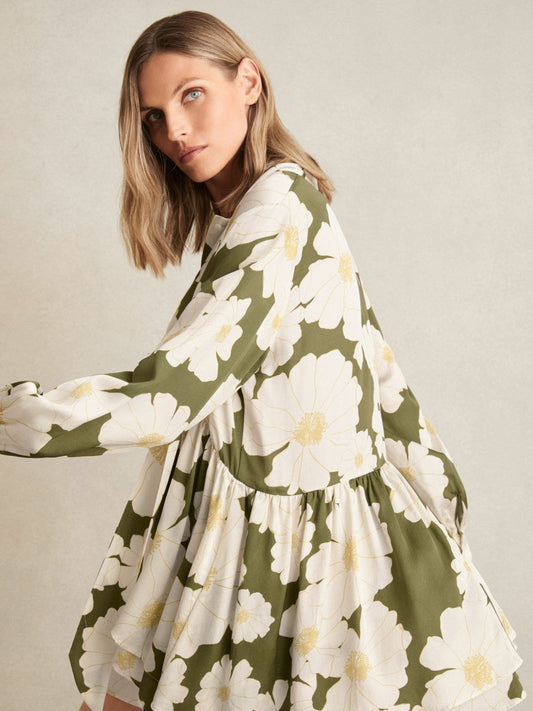 Floral Tie-Neck Swing Dress Ivory/Green | Women