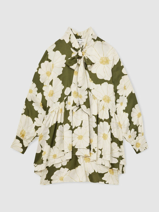 Floral Tie-Neck Swing Dress Ivory/Green | Women