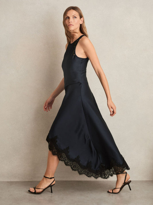 Satin Drape Lace-Trim Dress Navy | Women